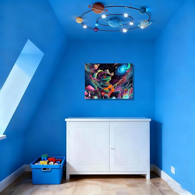 12x16 Trippy Space Frog Canvas Wall Art, Colorful Framed Cosmic Funny Guitar Player Kids Trippy Room Decor Teen Boys Bedroom Cool Posters Children Home Prints Painting for Living Room Bathroom Entry