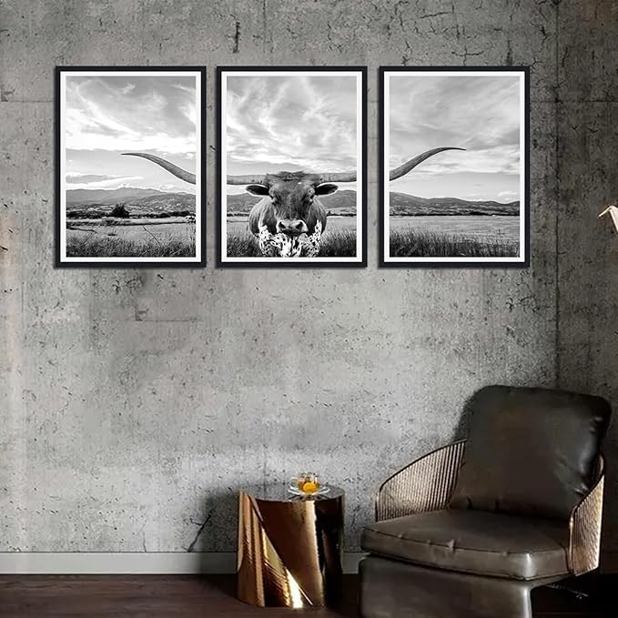 3 Pieces Highland Cow Framed Canvas Wall Art Vintage Gray Farmhouse Cow Picture for Bathroom Wall Decor Animal Print Artwork for Country House Living Room Decoration Easy to Hand 16x24inchx3pcs