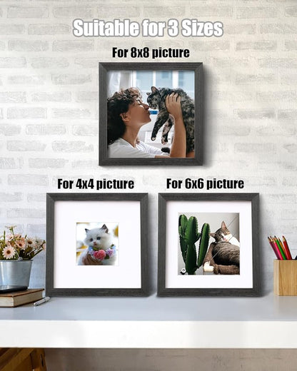 Egofine 8x8 Picture Frames Made of Solid Wood with Plexiglass, Display Pictures 4x4/6x6 with Mat or 8x8 Without Mat Set of 4 for Tabletop and Wall Mounting, Rustic Black