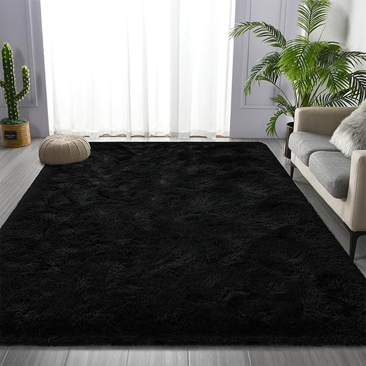 Deerhoo Shag Area Rug, 4 X 6 Plush Fuzzy Rugs for Living Room, Ultra Soft Fluffy Furry Rug for Bedroom, Indoor Carpet Nursery Rugs for Kids Room Home Decor, Black