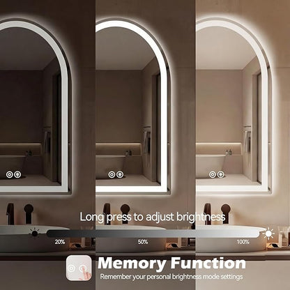 DUMOS 24"×36" LED Bathroom Mirror with Lights, Arched Vanity Mirror with Anti-Fog, Dimmable, 3-Color Light, Memory Function, Front Light and Backlit, Tempered Glass