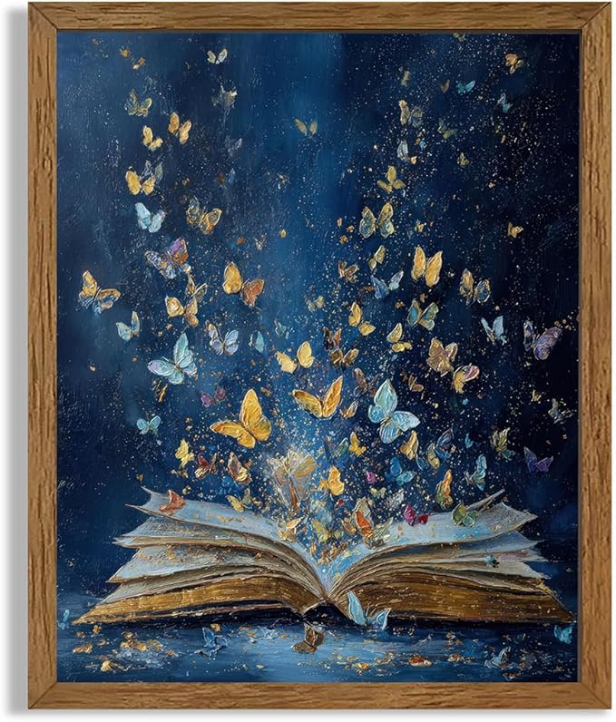 JLTULT Colorful Butterfly On Book Page Canvas Wall Art, Vintage Fantasy Butterflies Art Wall Decor, Modern Aesthetic Art Print for Bathroom Bedroom Living room Study 8x10 In Wood Framed Easy to Hang