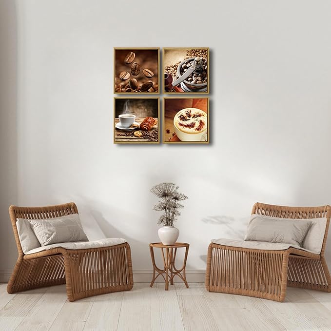 Wieco Art Framed 4 Panels Canvas Wall Art Coffee Bean Kitchen Canvas Prints Wall Art for Living Room Decor Bedroom Home Bathroom Wall Decor