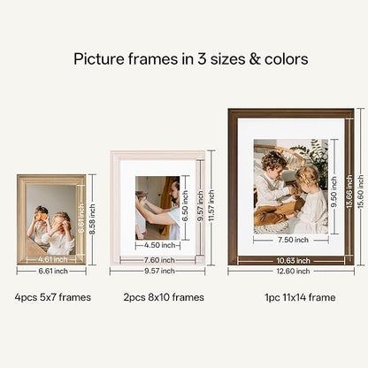eletecpro Gallery Wall Frame Set of 7, Multiple Sizes Solid Wood Picture Frames Collage Wall Decor Including 1Pc 11x14, 2Pcs 8x10, 4Pcs 5x7 Photo Frames, Natural, White, Brown
