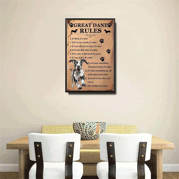 Metal Sign Tin Sign Vintage Wall Art Great Dane Rules Sign Garden Outside for Restaurant 6×8 Inches with Metal Frame