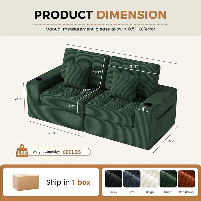 80" Boneless Loveseat Sofa in a Box,No Assembly Required Comfy Deep Seat Cloud Couch,Modern Small Couches for Living Room, Bedroom,Apartment,Green 1 PCS