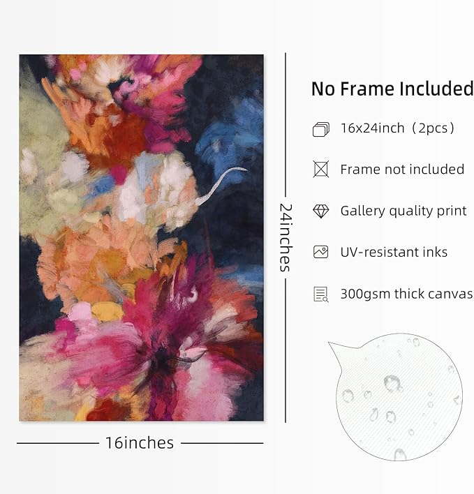Colorful Abstract Wall Art Decor Modern Flower Canvas Wall Art Abstract Flower Pictures Painting Modern Colorful Artwork Posters Abstract Prints for Living Room Bedroom 16x24 Inch Unframed Set of 2
