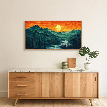 Woodland Mountain Framed Canvas Wall Art Set, Abstract Ridge Wall Painting, Boho Sunset Scenery Wall Decor, Modern Natural Landscape Art Print for Living Room, Bedroom, Office - 20"x40"