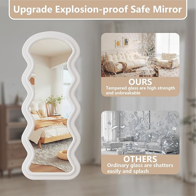 Full Length Mirror, 63"x24" Wavy Full Body Freely Standing Mirrors, Flannel Floor Mirror with Stand for Bedroom, Living Room, Hanging Leaning Wall Mirror Modern Home Decor