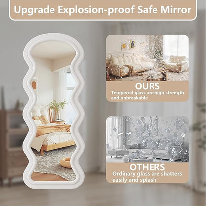 Full Length Mirror, 63"x24" Wavy Full Body Freely Standing Mirrors, Flannel Floor Mirror with Stand for Bedroom, Living Room, Hanging Leaning Wall Mirror Modern Home Decor