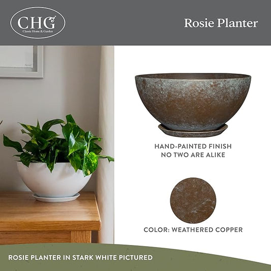 Classic Home and Garden by Growscape Rosie Modern Planter w/Drainage - Contemporary Planter Bowls - Shallow Round Vases for Small Plants - Versatile Indoor & Outdoor Pots (10” Weathered Copper)
