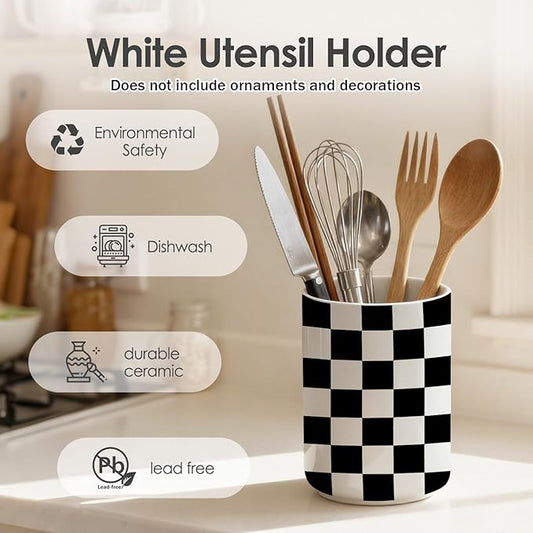 Checkered Utensil Holder,Ceramic Spatula Holder,Countertop Ceramic Utensil Holder,Large Cooking Utensil Crocks for Kitchen Counter Decor, Vase for Kitchen Utensils, H6.3 xD4.7(Black or white)
