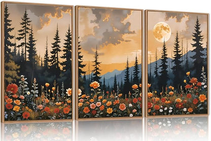 KAIRNE Mountain Wildflower Landscape Framed Canvas Wall Art Set,Vintage Moon Pine Tree Wall Decor,Rustic Forest Art Prints,Retro Scenery Artwork for Living Room,Bedroom,Farmhouse,Office-16 x24 x3