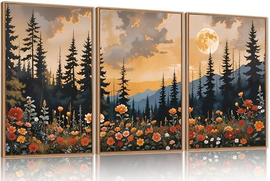 KAIRNE Mountain Wildflower Landscape Framed Canvas Wall Art Set,Vintage Moon Pine Tree Wall Decor,Rustic Forest Art Prints,Retro Scenery Artwork for Living Room,Bedroom,Farmhouse,Office-16 x24 x3