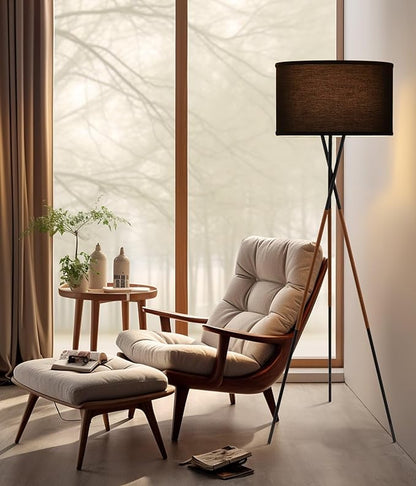 Kira Home Sadie 61" Modern Tripod Floor Lamp with Black Linen Drum Shade, Cross-Leg Standing Light with 9W LED Bulb and Leather Accent, Black Finish
