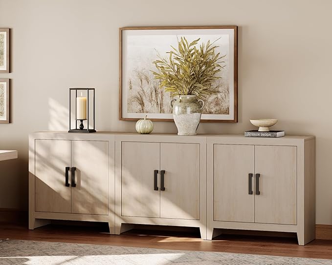 WAMPAT Farmhouse TV Stand for TVs up to 85 Inch, Rustic Wood Entertainment Center & Media Console with 6 Storage Doors, Accent Cabinet for Living Room, Hallway, Beige