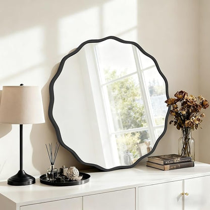 HOMECOOKIN 28" Wavy Round Wall Mirror, Black Scalloped Circle Mirror Edge Round with Metal Frame, Modern Decorative Hanging/Leaning Mirrors for Bathroom, Hotels, Hallway, Entryway, Vanity, Office