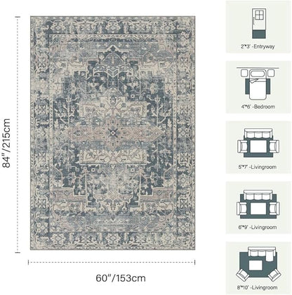 Rugxara 5x7 Area Rugs for Living Room Bedroom, Blue Washable Rug, Vintage Retro Boho Rug, Non Slip & Low Pile Faux Wool Thin Carpet for Indoor Dining Room and Kids Room(Blue 5x7ft)