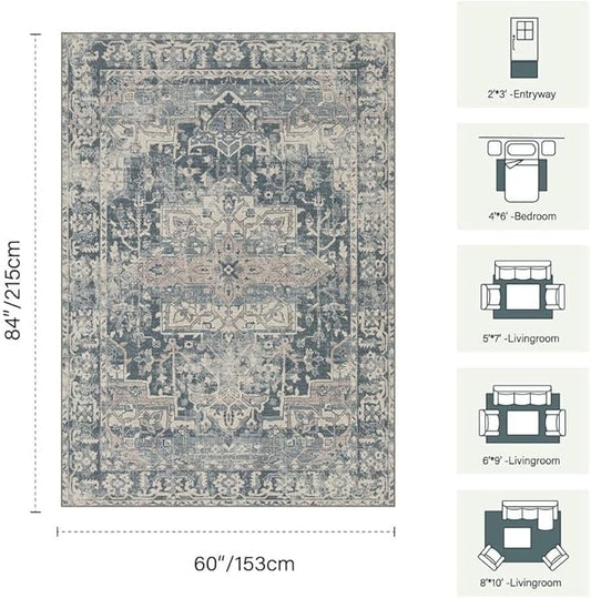 Rugxara 5x7 Area Rugs for Living Room Bedroom, Blue Washable Rug, Vintage Retro Boho Rug, Non Slip & Low Pile Faux Wool Thin Carpet for Indoor Dining Room and Kids Room(Blue 5x7ft)