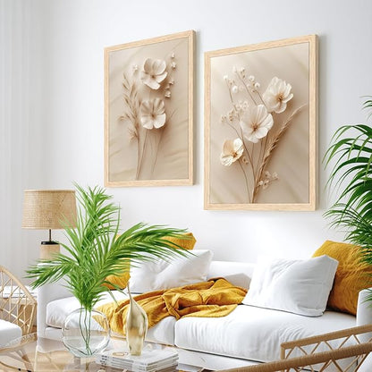 GELDSTEI Neutral Simple Beige Floral Canvas Wall Art, Modern Minimalist Botanical Wall Decor, Vintage Beige Flower Poster Prints for Living Room Bedroom Farmhouse Wood Framed Set of 3, Each 16x24 Inch