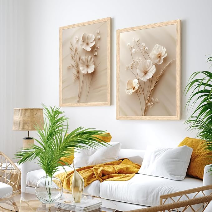 GELDSTEI Neutral Simple Beige Floral Canvas Wall Art, Modern Minimalist Botanical Wall Decor, Vintage Beige Flower Poster Prints for Living Room Bedroom Farmhouse Wood Framed Set of 3, Each 12x16 Inch