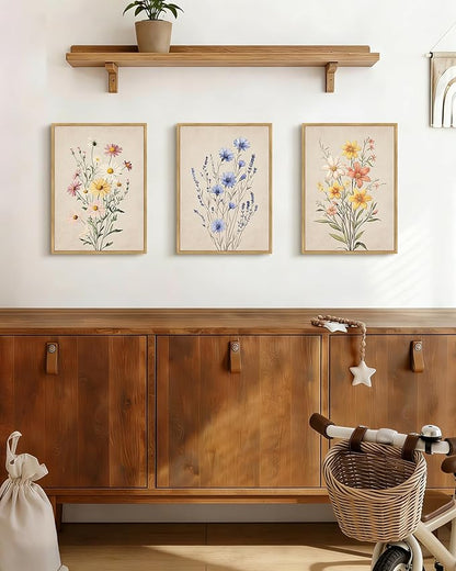 Drsoum Vintage Flower Bouquet Wall Art Framed Retro Bohemian Boho Colorful Floral Plant Rustic Artwork Nature Botanical Wildflower Prints Bedroom Living Room Ready to Hang 11x14in Natural Framed