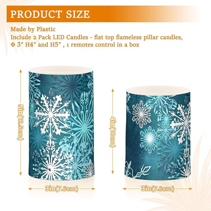 Christmas Flameless Candles Teal Blue White Snowflake Pillar Candles Set of 2 Battery Operated Remote Control Warm Lights Home Decor