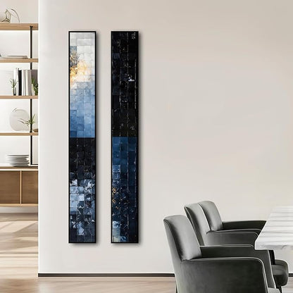 Large Framed Long Narrow Vertical Abstract Wall Art Set of 2, Premium Crystal Porcelain Canvas Prints, Neutral Modern Design - Perfect for Entryway, Hallway, Living Room, Bedroom - 63x10 inch