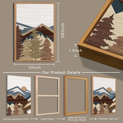 BINCUE Large Boho Mountain Canvas Framed Wall Art Set of 3 Forest Mountain Sun Wall Decor Boho Artwork for Living Room Bedroom Office 24x36 Inch Gift