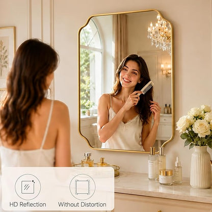 Gold Wall Mirror 32"x24", Scalloped Edge Vanity Mirror - Hangs Vertically/Horizontally Decorative Bathroom Mirror for Vanity, Bedroom & Entryway, Aesthetic Bathroom Decor