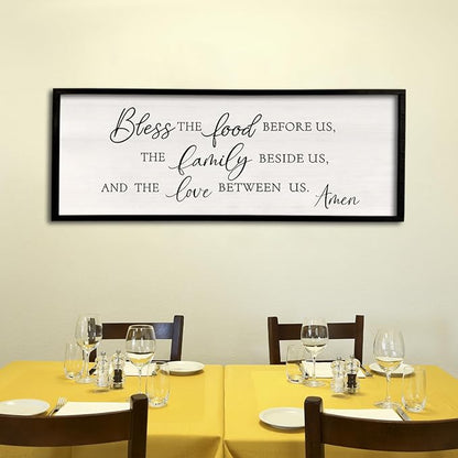 Bless the Food Before Us Wall Decor Sign 32" X 12" Dining Room Wall Decor Framed Wood for Large Farmhouse Vintage Prayer Catholic Kitchen Wall Hanging Scripture Bible Verse Art (Black)