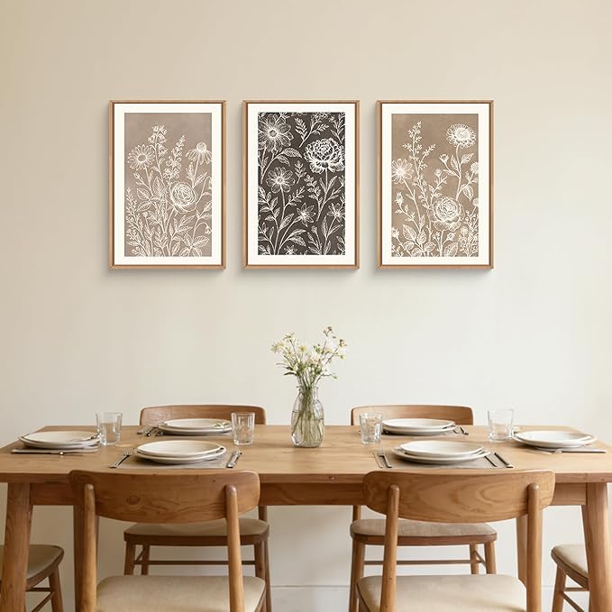 Neutral Boho Flower Framed Canvas Wall Art Set,Vintage Moody Rose Peony Daisy Wildflower Decor,Modern Natural Brown Black Floral Botanical Artwork for Living Room,Bedroom,Farmhouse-16 x24 x3
