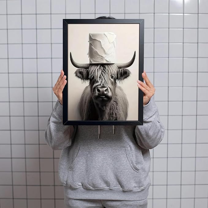 ARKZSHO Black and White Bathroom Wall Art, Funny Highland Cow Canvas Poster Print Picture, Modern Farmhouse Wall Decor Painting, Cute Animal Bathroom Restroom Home Decoration 16x24 Inch Wood Framed