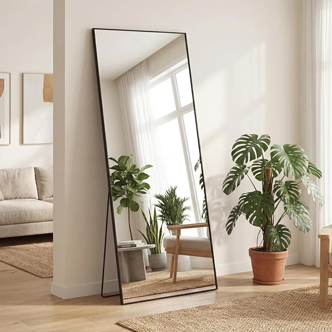 Sweetcrispy 56"x21" Full Length Mirror, Full Body Mirror with Aluminum Alloy Thin Frame, Leaning or Standing, Suitable for Bedroom, Livingroom, Cloakroom, Black