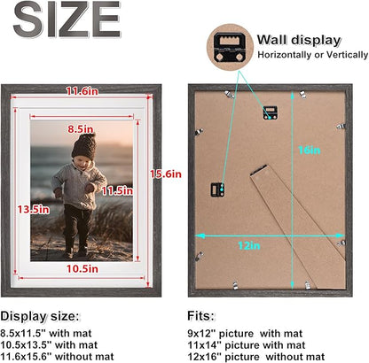 KINLINK 12x16 Picture Frame Ash Black, Solid Wood Frames with Acrylic Plexiglass for Pictures 11x14/9x12 with Mat or 12x16 without Mat,Wall Display, Set of 4