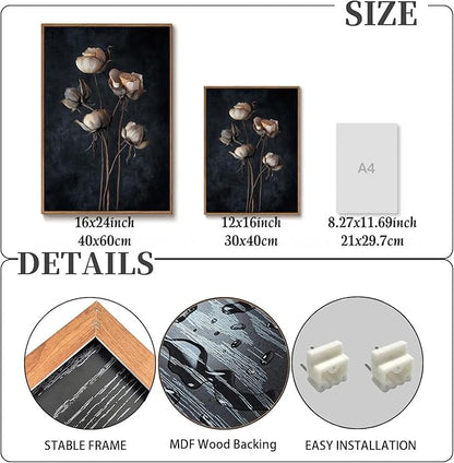 KISSFOX 3 Piece Moody Dried Flower Canvas Wall Art For Bedroom Dark Vintage Floral Framed Wall Art Rustic Aesthetic Botanical Art Prints for Living Room Bathroom,12x16 in