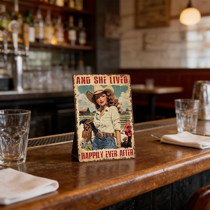 Cowgirl Vintage Tin Sign And She Lived Happily Ever After Funny Horse and Chicken Iron Painting Poster Wall Decor for Home Bar Club Coffee Shop 12x8 Inch