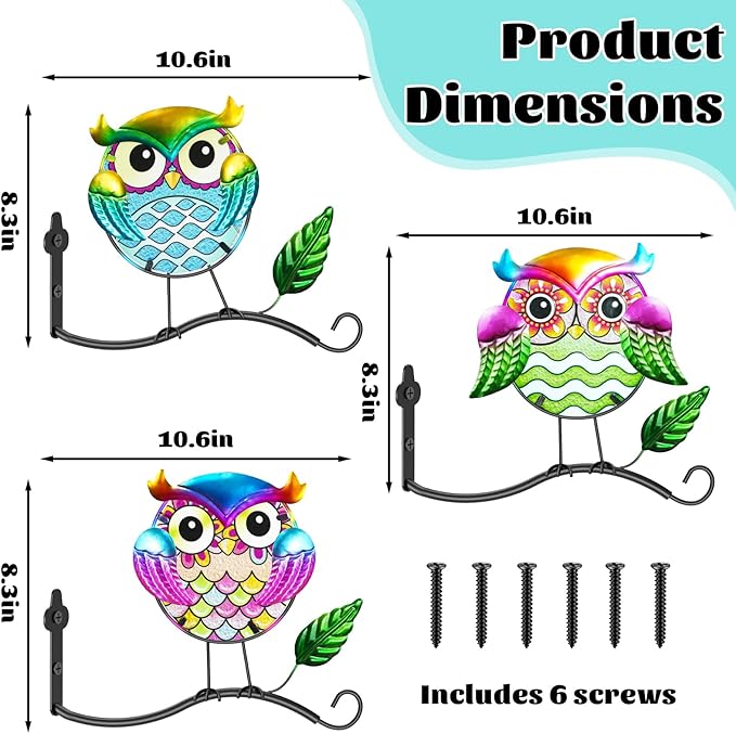 Metal Birds Wall Art Decor with Hanging Hooks, 3D Colorful Bird Outdoor Hanging Wall Art Patio Fence Decorations, Plant Bracket for Planters Wind Chimes Lanterns Garden Patio Decor (Owl)