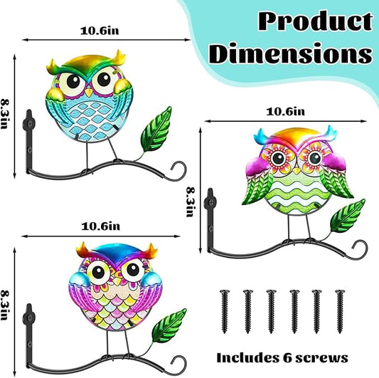 Metal Birds Wall Art Decor with Hanging Hooks, 3D Colorful Bird Outdoor Hanging Wall Art Patio Fence Decorations, Plant Bracket for Planters Wind Chimes Lanterns Garden Patio Decor (Owl)