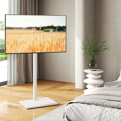 TVON Floor TV Stand with Mount for Most 32-65 Inch TVs up to 88lbs, Height Adjustable TV Floor Stand with Wood Base for Space Saving, Tall Floor TV Stand for Bedroom, Corner & Living Room, White