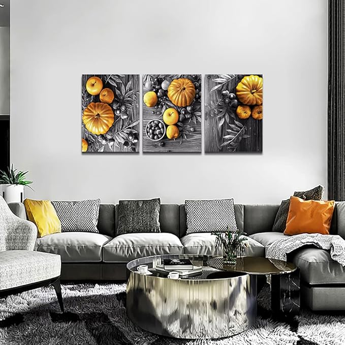 DZRWUBHS Black And White Pumpkin Wall Paintings Canvas Wall Art For Kitchen Wall Decor For Dining Room Living Room Wall Decorations For Restaurant Prints Pictures Artwork Home Decor 3 Piece Set