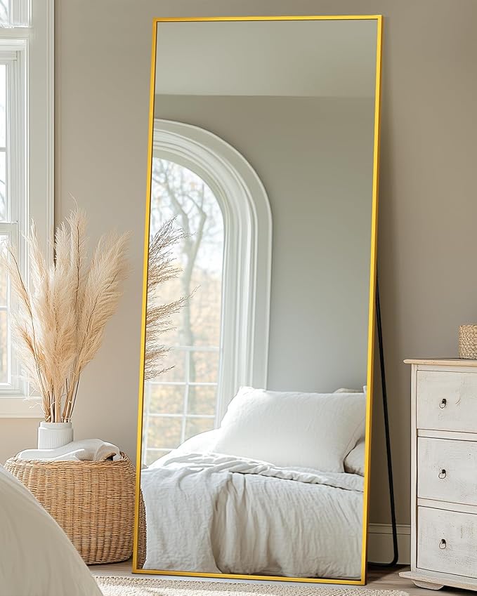Antok 71''x28'' Full Length Mirror, Shatterproof HD Oversized Floor Mirror with Stand, Aluminum Alloy Frame Leaning Standing or Wall Mounted Mirror for Bedroom Living Room Entryway, Gold