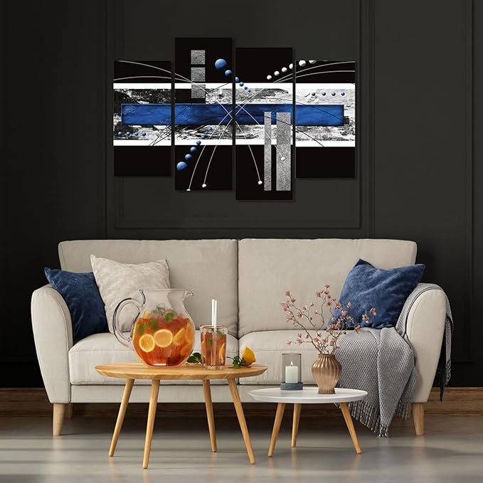YPY Large Black Blue Canvas Wall Art - 4 Panels Modern Abstract Picture Set for Home Decoration - Contemporary Painting Artwork Ready to Hang Living Room Bedroom W48 x H36