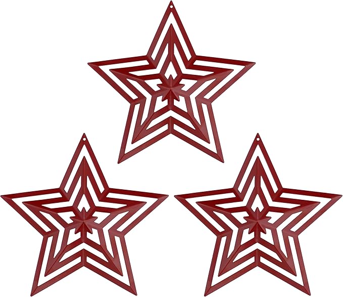 CVHOMEDECO. Primitives Rustic Antique Vintage Gifts Cut-Outs Metal Barn Star for Wall/Wreath/Door Decor, 8-Inch, Set of 3.(Red)