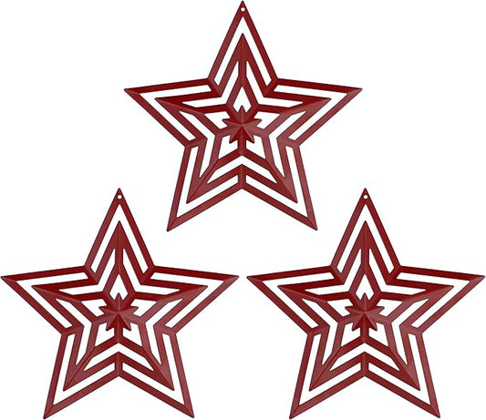 CVHOMEDECO. Primitives Rustic Antique Vintage Gifts Cut-Outs Metal Barn Star for Wall/Wreath/Door Decor, 8-Inch, Set of 3.(Red)