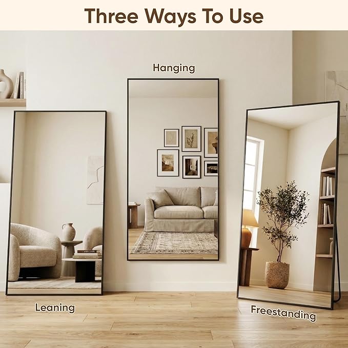 Antok 72''x44'' Full Length Mirror, Shatterproof HD Oversized Floor Mirror with Stand, Aluminum Alloy Frame Leaning Standing or Wall Mounted Mirror for Bedroom Living Room Entryway, Black