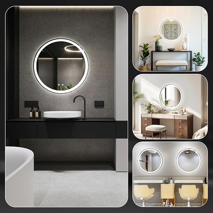 DUMOS 30 Inch Round LED Bathroom Mirror with Lights, Circle Vanity Mirror with Anti-Fog, Dimmable, 3-Color Light, Front Light and Backlit, Memory Function, Tempered Glass