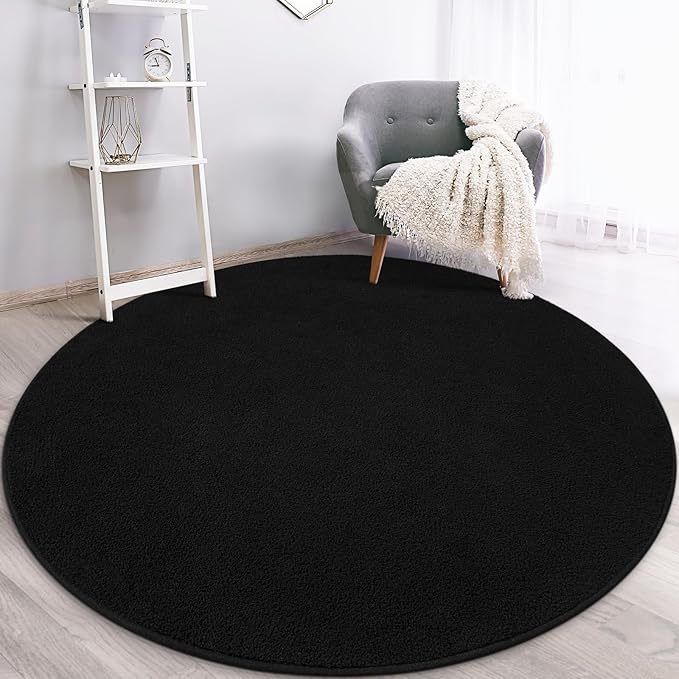 Gifeas Ultra Soft Round Area Rugs for Living Room Bedroom, 6x6 Feet Black Thickened Memory Foam Modern Indoor Circle Carpets, Non-Slip Comfy Circular Rug for Boys Girls Nursery Room Home Decor