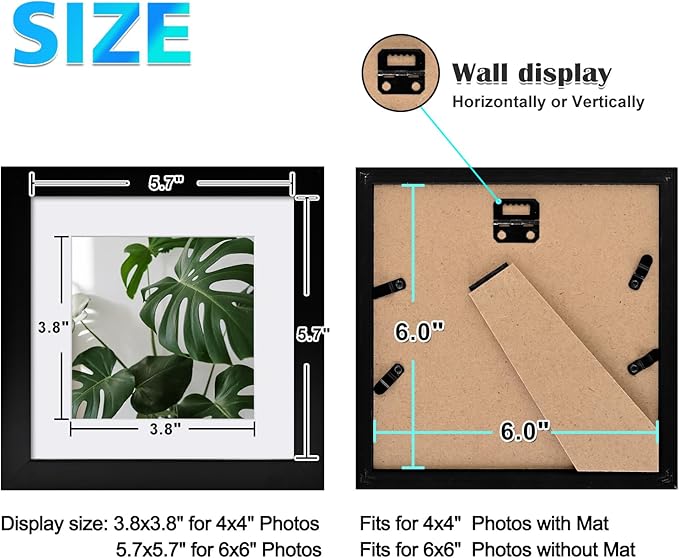 Egofine 6x6 Picture Frames Set of 4, Made of Solid Wood Covered by Plexiglass Display 4x4 with Mat or 6x6 without Mat, for Table Top Display and Wall Mounting Photo Frame, Black