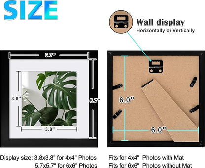 Egofine 6x6 Picture Frames Set of 4, Made of Solid Wood Covered by Plexiglass Display 4x4 with Mat or 6x6 without Mat, for Table Top Display and Wall Mounting Photo Frame, Black